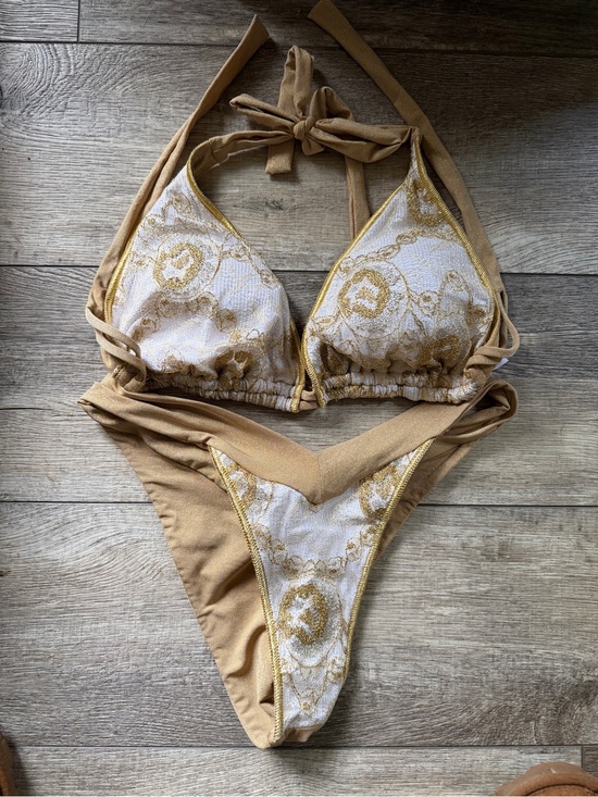 Luli Fama Other - NWOT Luli Fama Tan and Gold Embroidered Bikini Set DD top/Medium Bottom